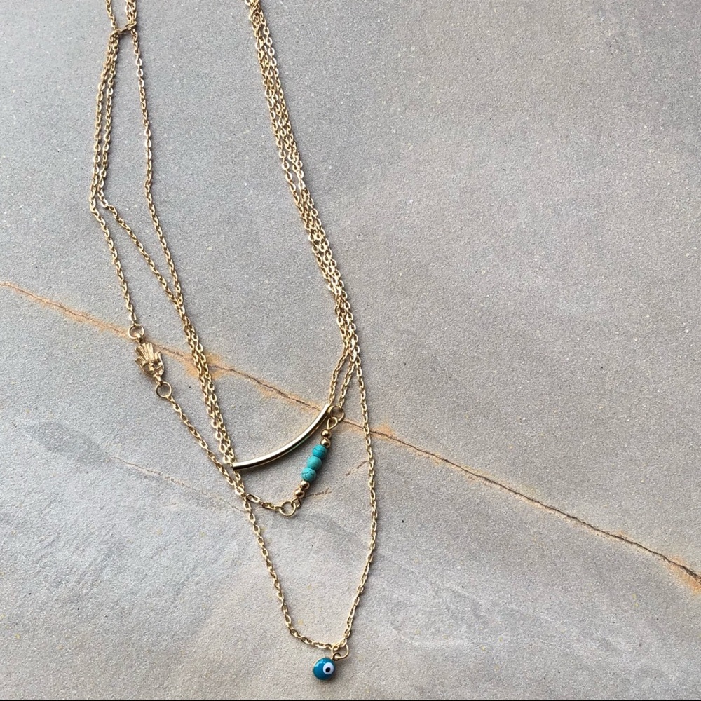 Boho Multi Layer Hamsa Fatima Evil Eye Necklace - Picture 4 of 7